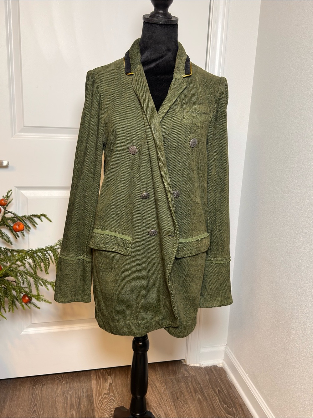 Free People Olive Green Double-Breasted Blazer Jacket
